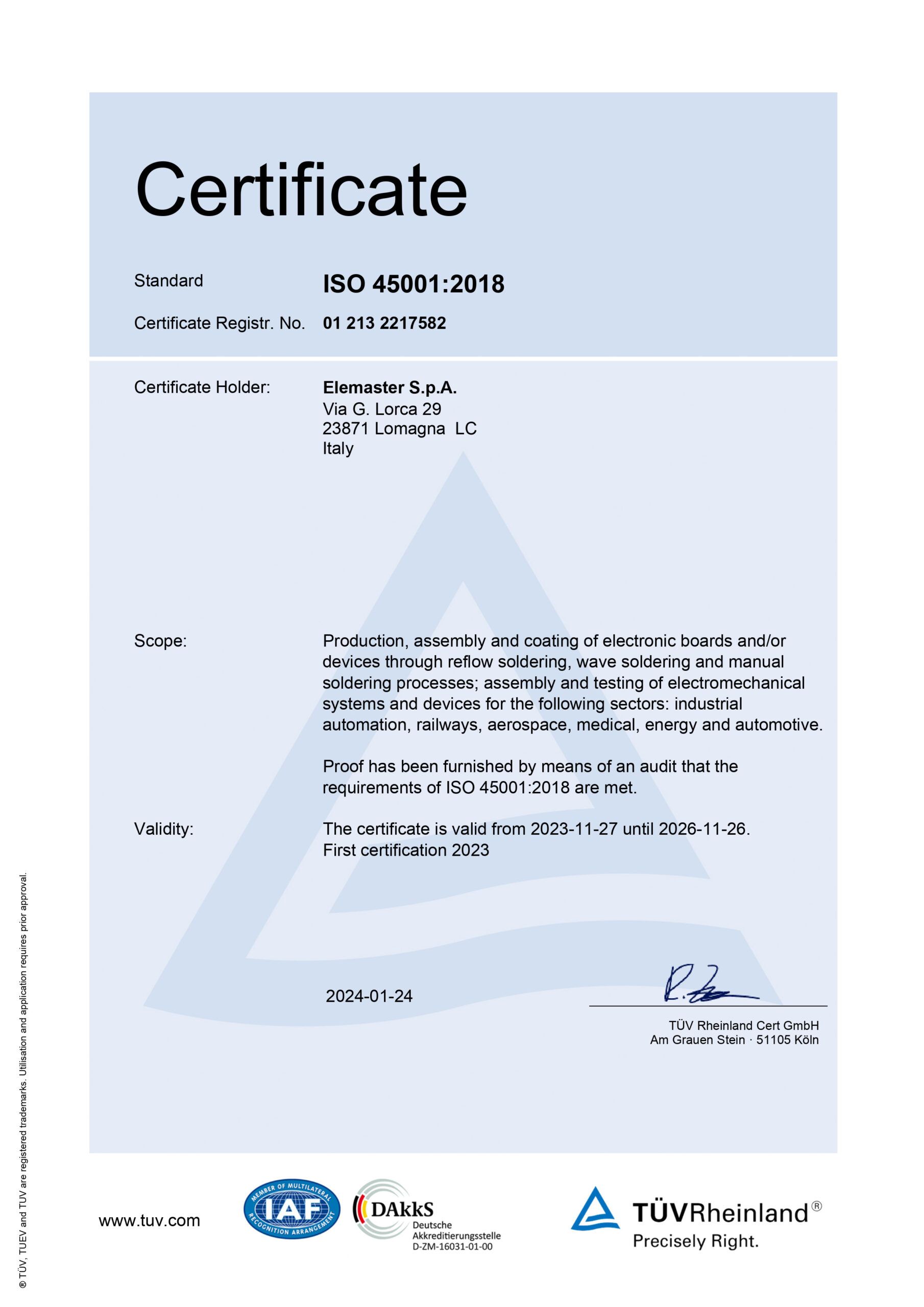 Elemaster received the ISO 45001:2018 certification